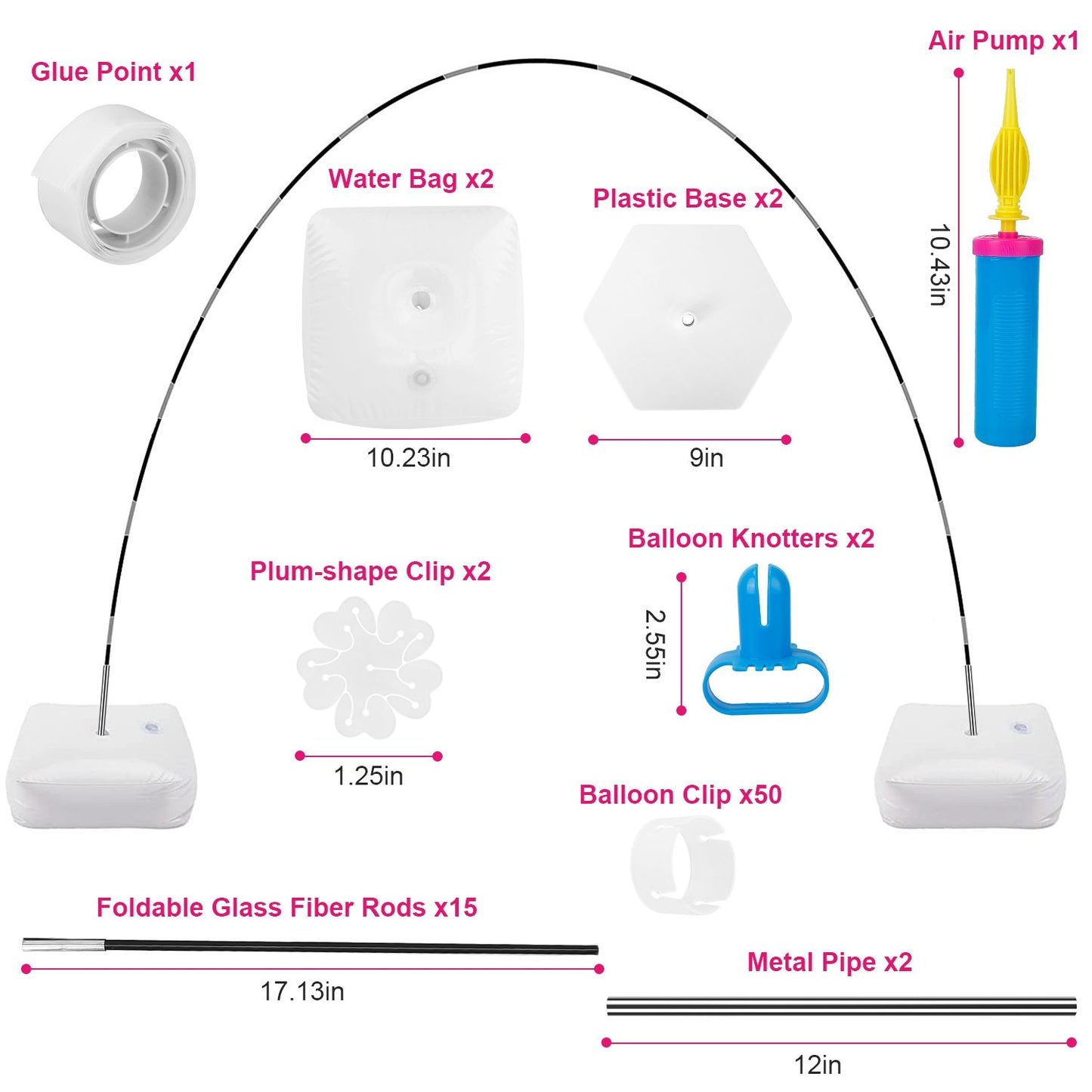 Image of a balloon arch kit containing various components including plastic bases, water bags, foldable glass fiber rods, a metal pipe, an air pump, balloon clips, and knotters, designed for creating festive balloon displays.