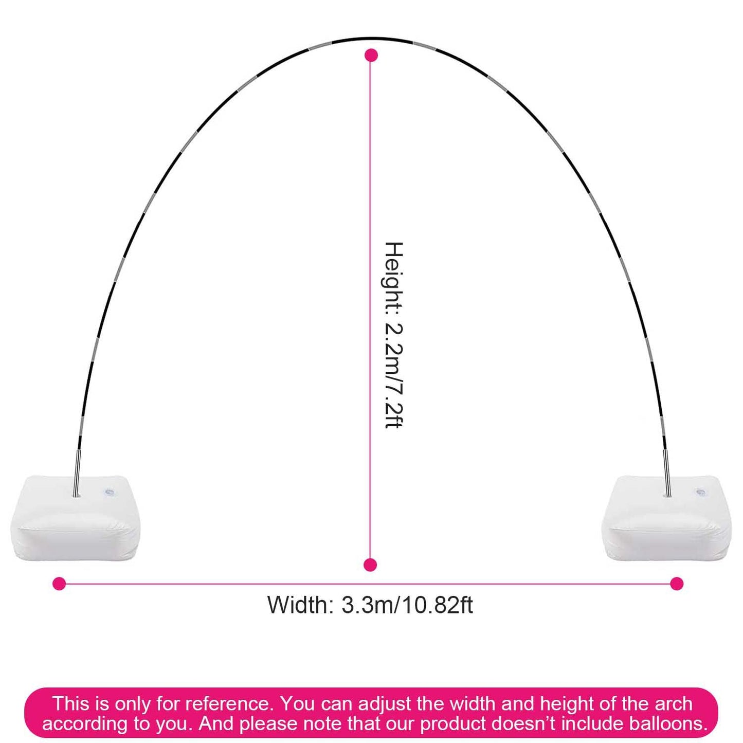 Adjustable balloon arch frame dimensions, 2.2m height and 3.3m width, with white bases, ideal for party decorations and events.