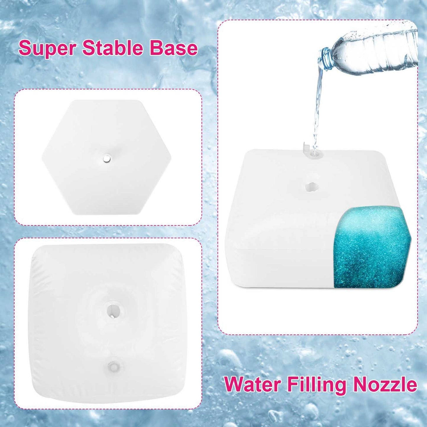Image showcasing three types of bases for a water feature, including a hexagonal base and a square base, with a focus on a filling nozzle for easy water addition, set against a backdrop of water droplets.