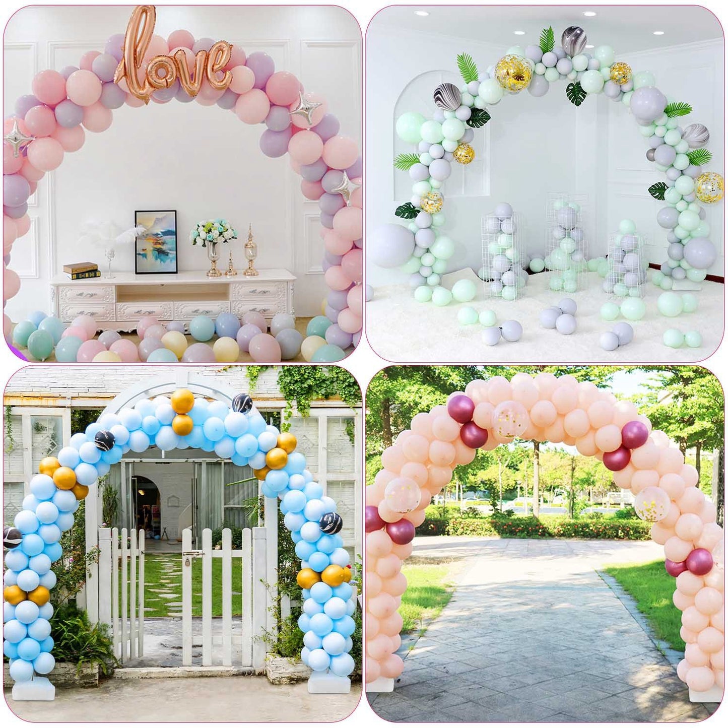 Colorful balloon arches for events, featuring pastel and vibrant colors, stylish decorations, and varied settings including indoor and outdoor displays. Perfect for weddings, parties, and celebrations.
