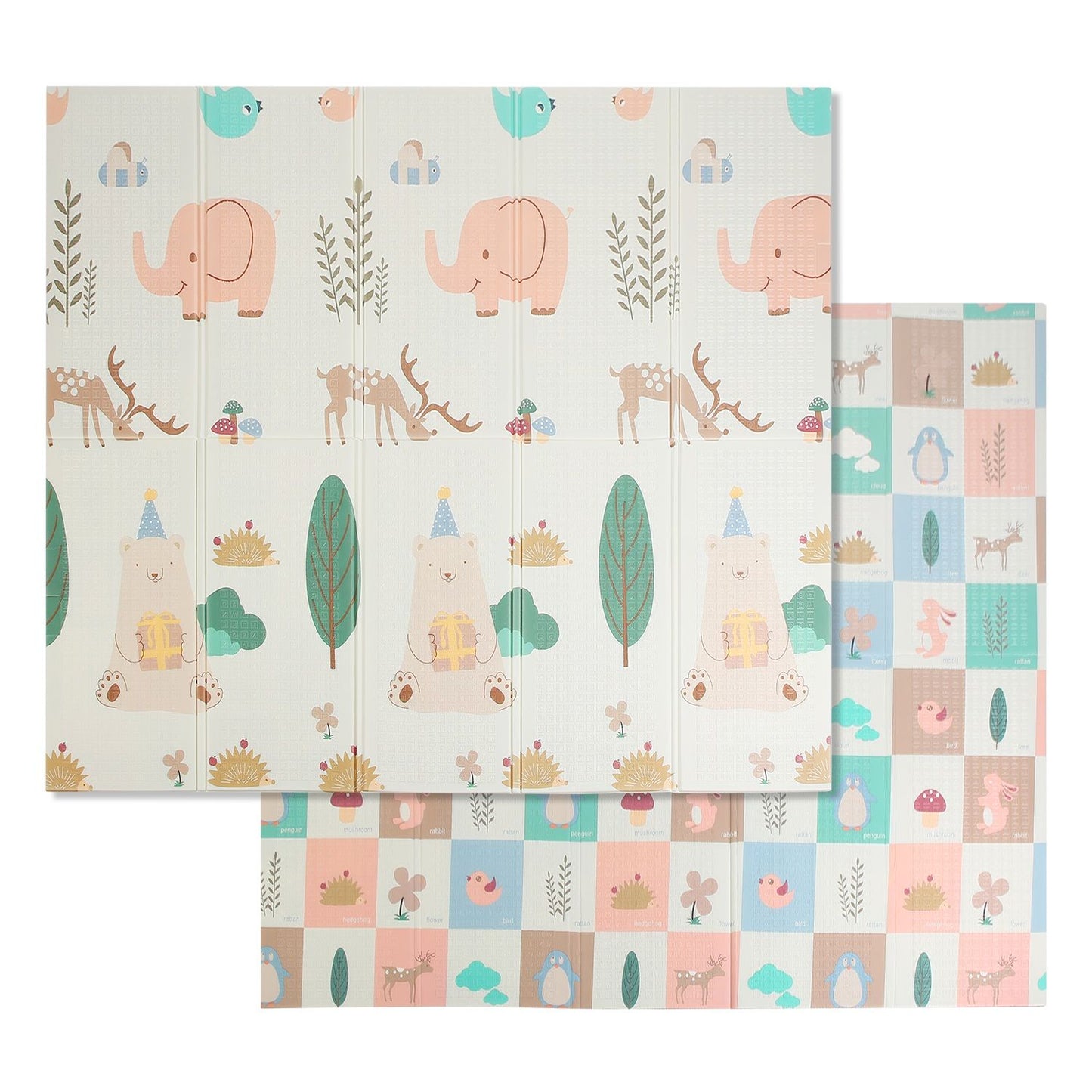 Colorful children's playmat featuring cute animal illustrations including elephants, bears, deer, and birds, along with floral and nature elements, perfect for a playful nursery or playroom.