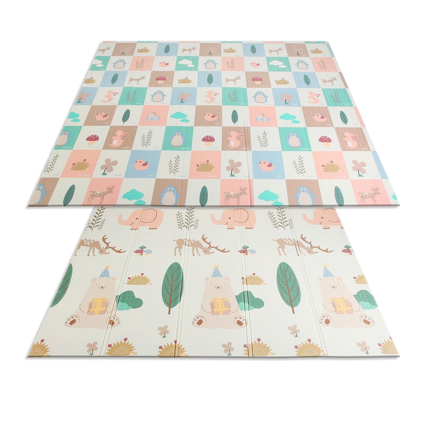 Colorful interlocking play mat featuring playful animal and nature designs, ideal for children's playrooms and safe, fun exploration.