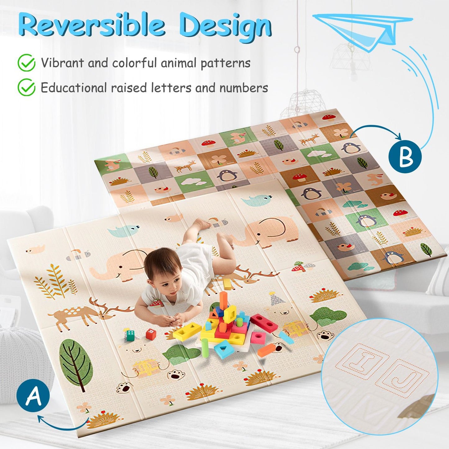 Reversible educational play mat featuring vibrant animal patterns and raised letters and numbers, ideal for infants and toddlers, offering a fun and safe play surface.