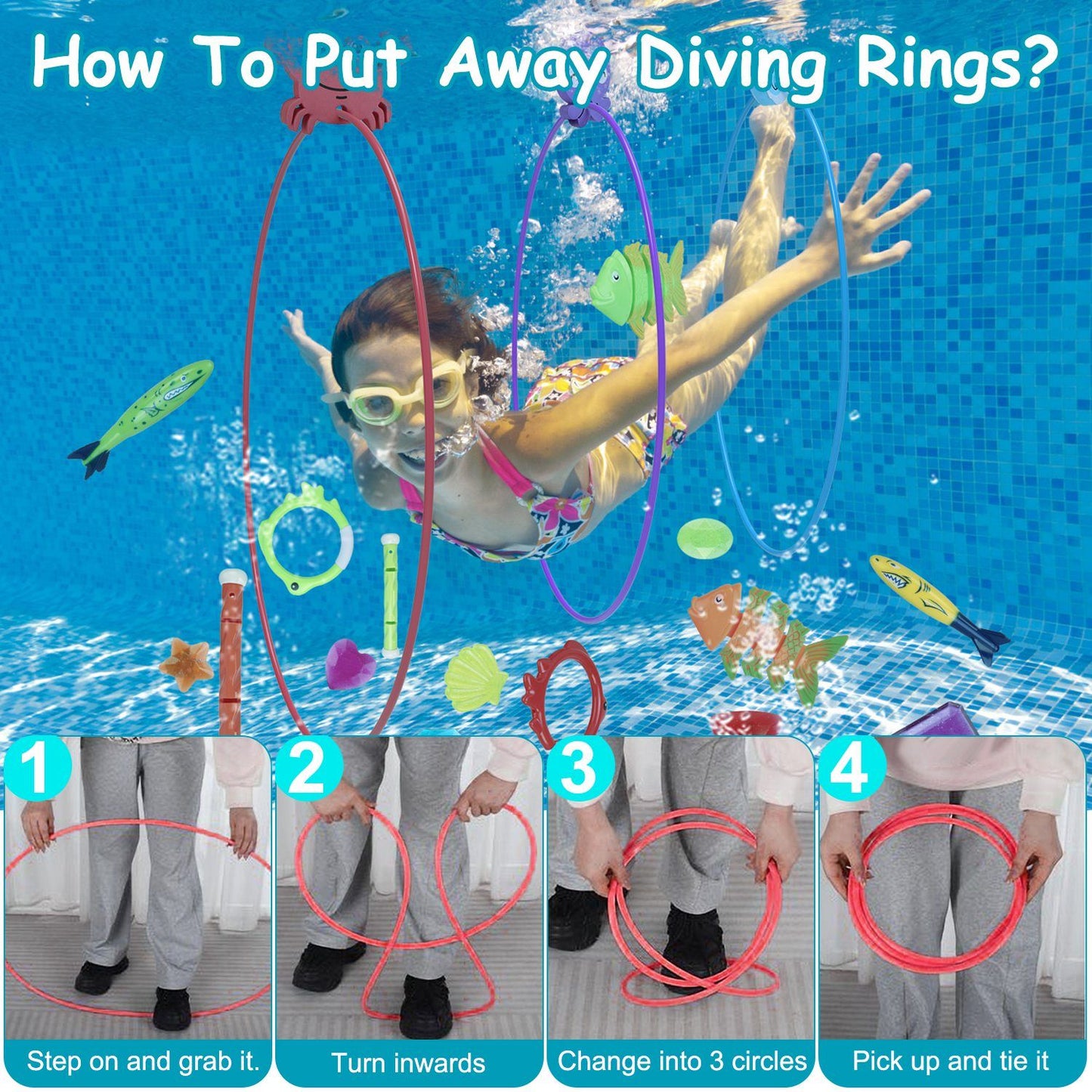 Instructions for putting away diving rings in a swimming pool with visuals illustrating the steps for easy understanding.
