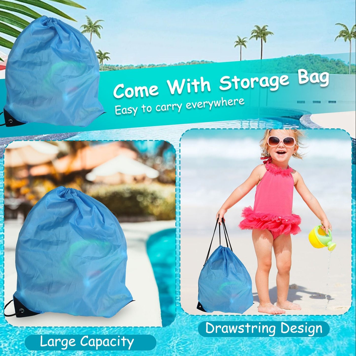 Blue drawstring storage bag ideal for beach trips, featuring a large capacity and portable design.