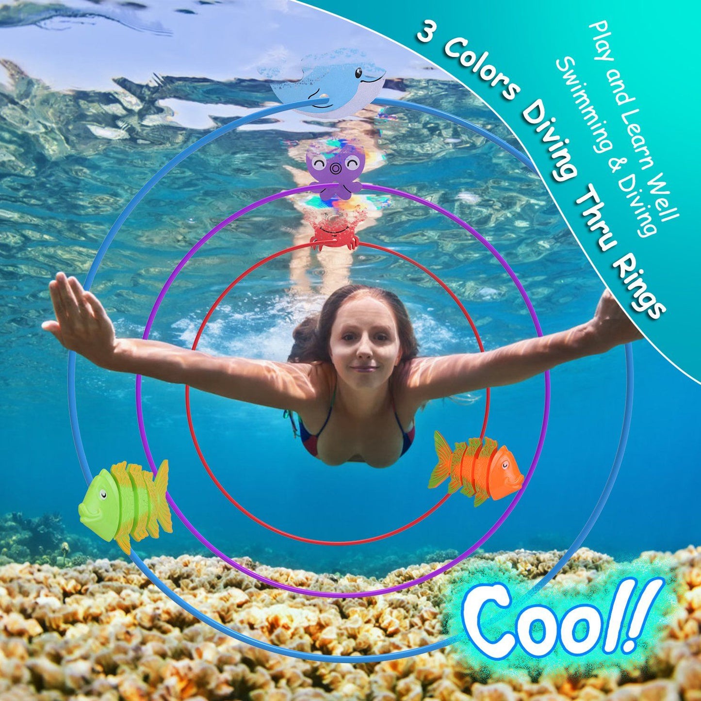 Swimming child diving through colorful rings in a clear pool, showcasing an engaging and fun way to play and learn swimming skills.