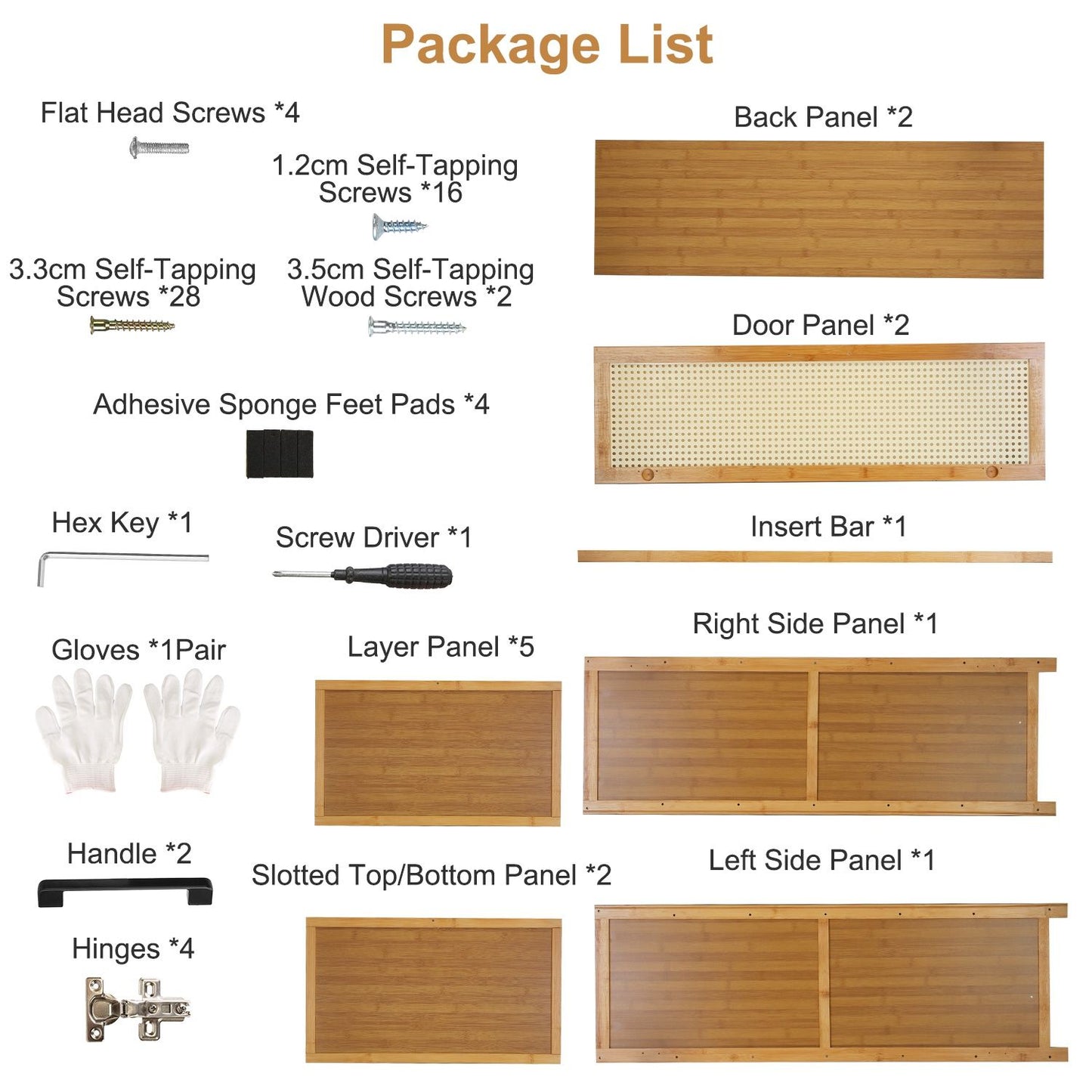 Image of a product package list detailing included components such as panels, screws, gloves, a screwdriver, and hardware for assembly.