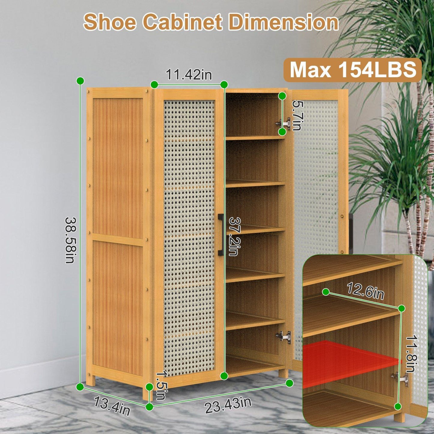Shoe cabinet with dimensions indicated, showcasing a stylish wooden design with multiple shelves, suitable for organizing up to 154 lbs of footwear.