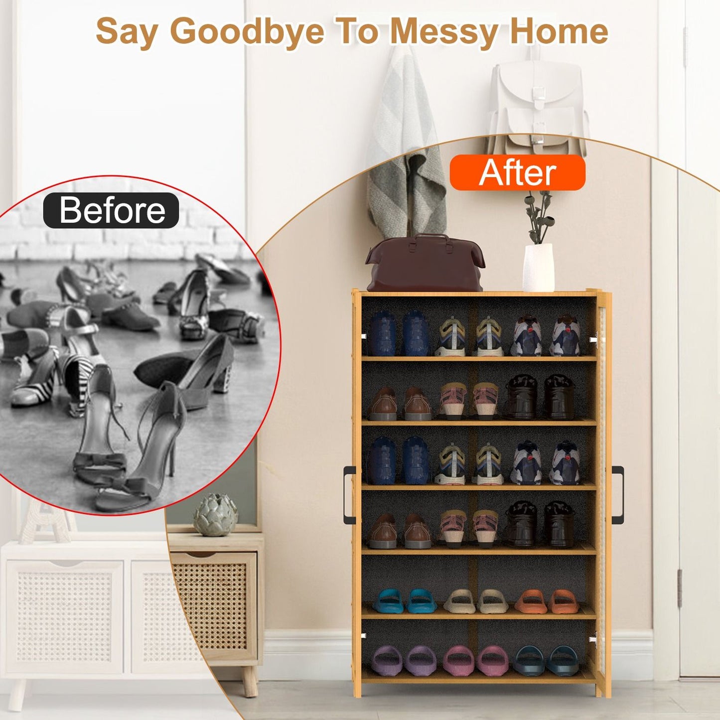 Shoe storage organizer with various shoes neatly displayed on shelves, contrasting with a chaotic pile of shoes titled 'Before' in a circular inset, promoting a tidy and organized living space.