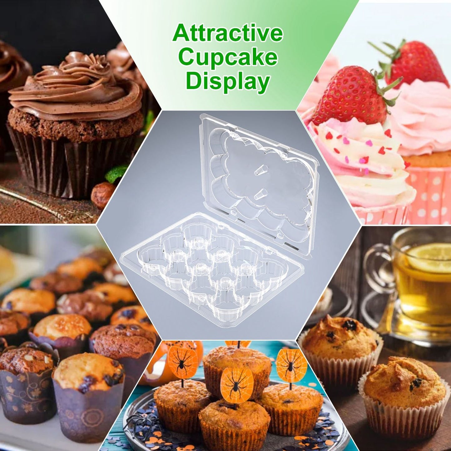 Clear cupcake display container surrounded by delicious assorted cupcakes, featuring chocolate, strawberry, and Halloween-themed treats.