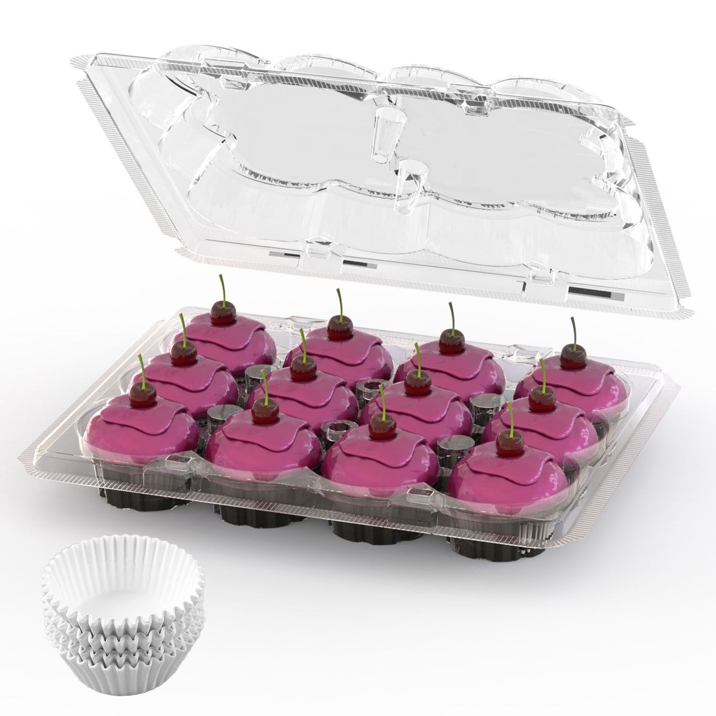Colorful pink frosted cupcakes with cherries on top displayed in a clear plastic container, accompanied by a stack of white cupcake liners.