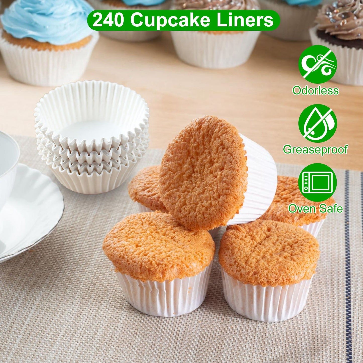 240 odorless, greaseproof, and oven-safe cupcake liners stacked with freshly baked cupcakes on a wooden table, showcasing their ideal baking features.
