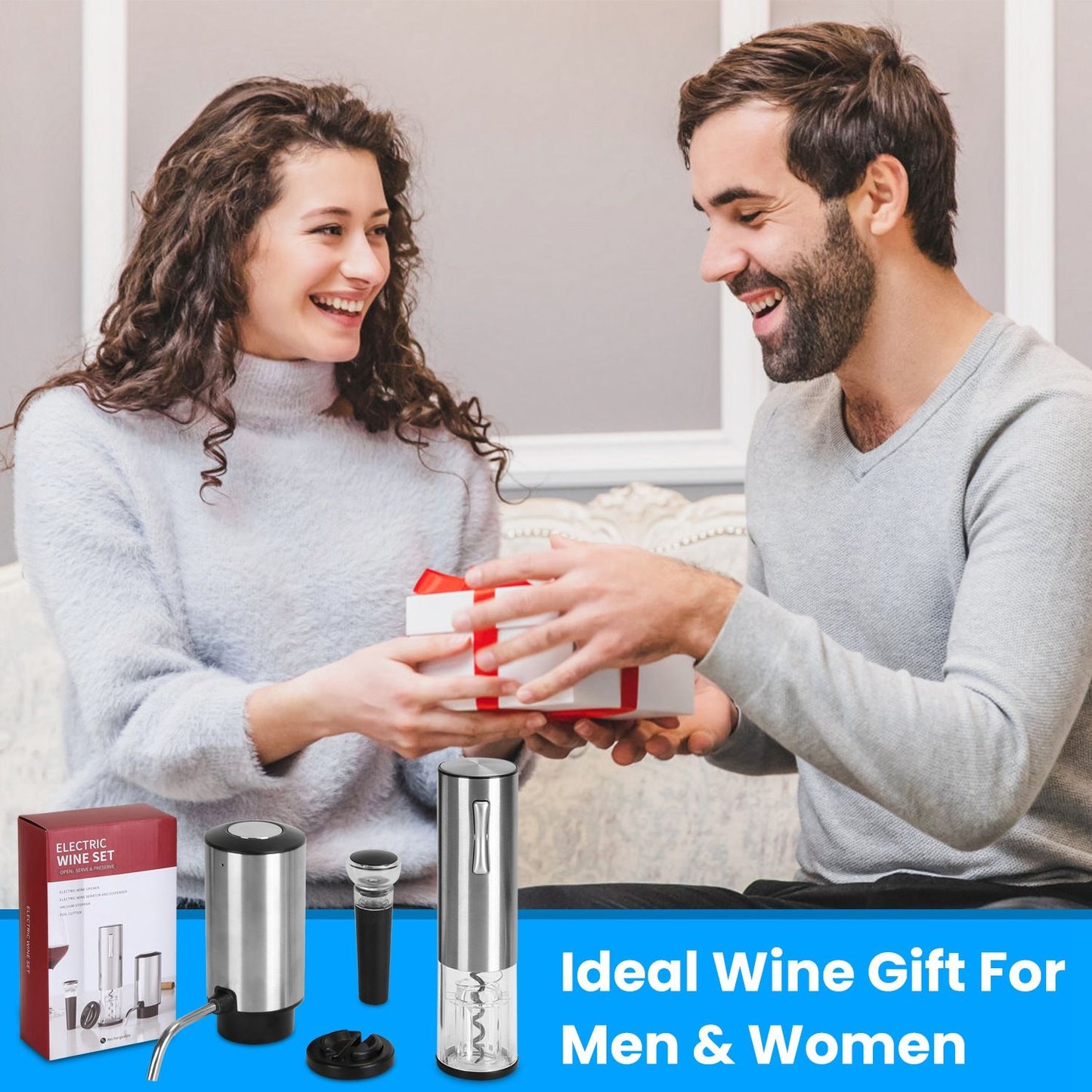 Electric wine set gift, featuring a woman receiving a wrapped present from a man, ideal for wine lovers.