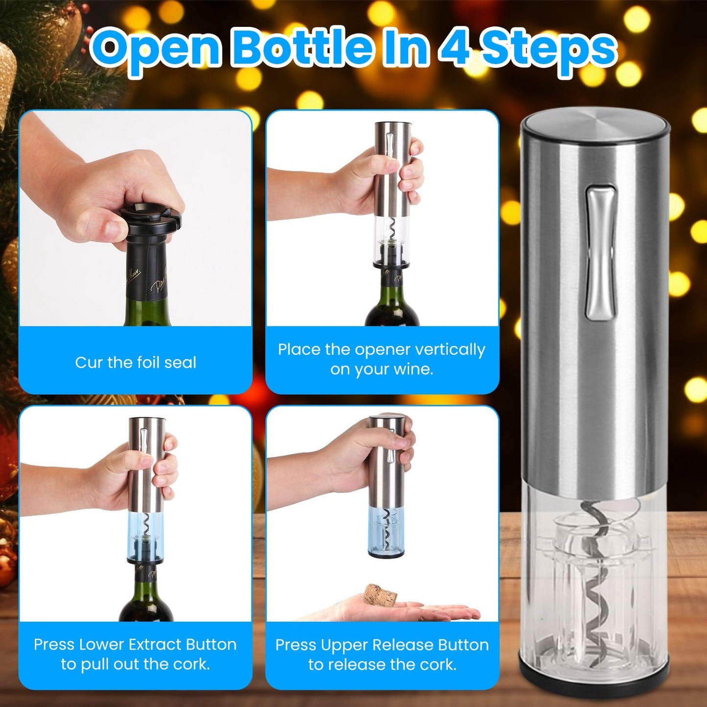 Electric wine opener instructions showing four steps: cutting the foil seal, placing the opener on the bottle, extracting the cork, and releasing the cork, with a stainless steel design and a cork in hand.