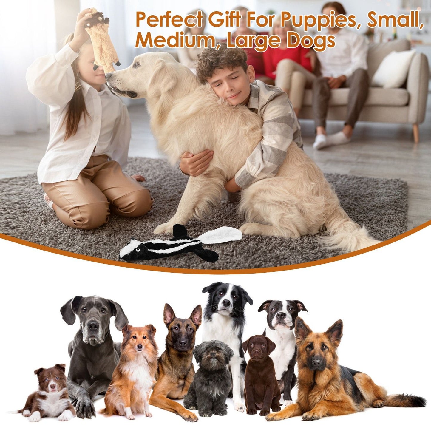 Golden retriever being lovingly groomed by a child in a cozy living room, surrounded by happy dogs of various breeds, promoting a universal gift for pets of all sizes.