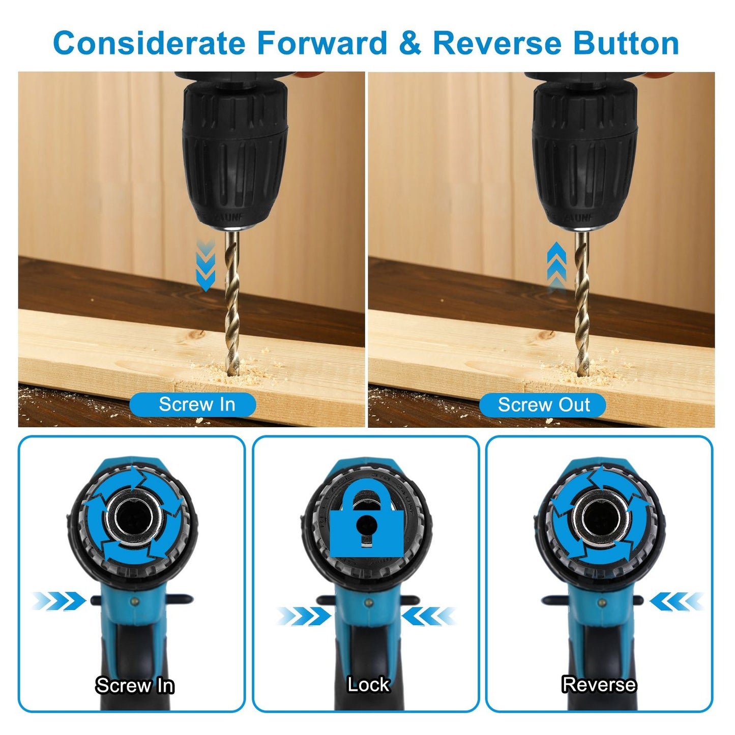 Image showing a power drill with a forward and reverse button feature, illustrating the screw in and screw out functions with clear labeling for easy understanding.