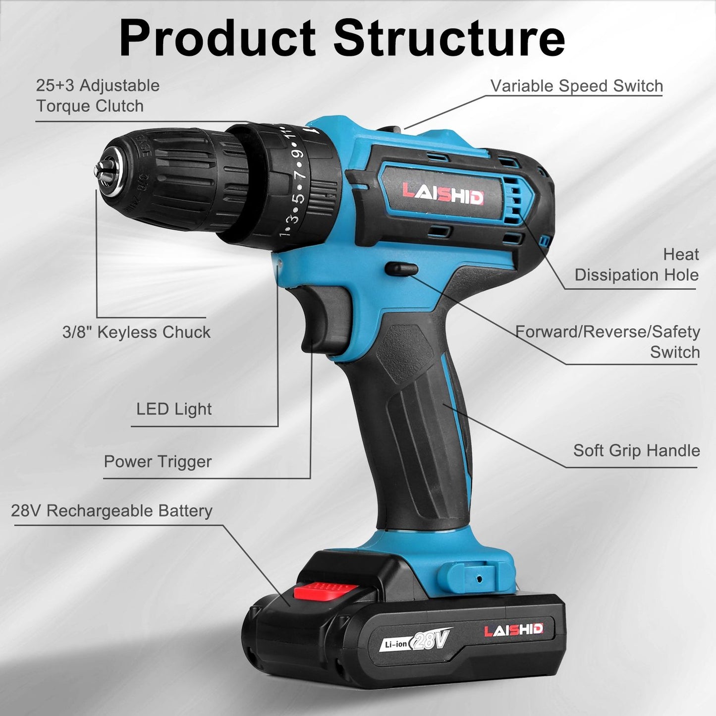 Cordless electric drill with 28V rechargeable battery, adjustable torque clutch, keyless chuck, LED light, and ergonomic soft grip, ideal for various DIY projects.