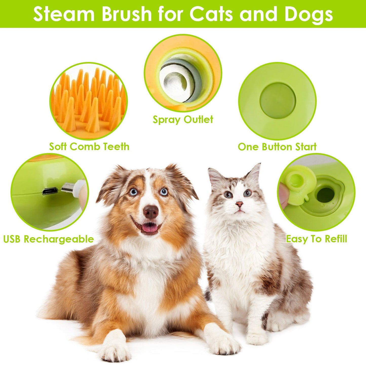 Steam brush for grooming cats and dogs featuring soft comb teeth, USB rechargeable design, one-button start, easy refill spray outlet, and user-friendly interface, ideal for pet care.