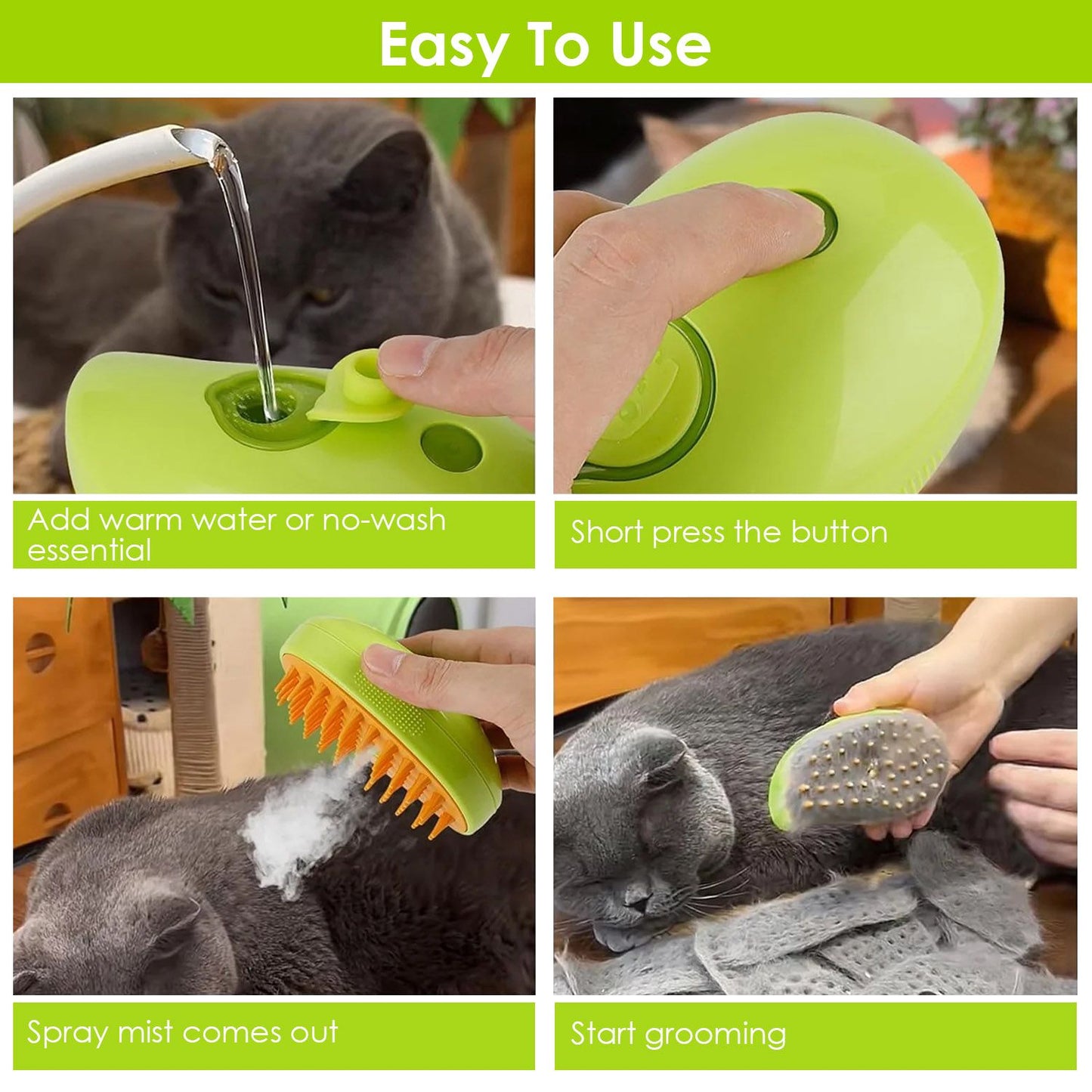 Instructional steps for using a pet grooming tool, featuring a green grooming brush, a person adding water, pressing a button, spraying mist, and brushing a cat, with clear labeling for each step.