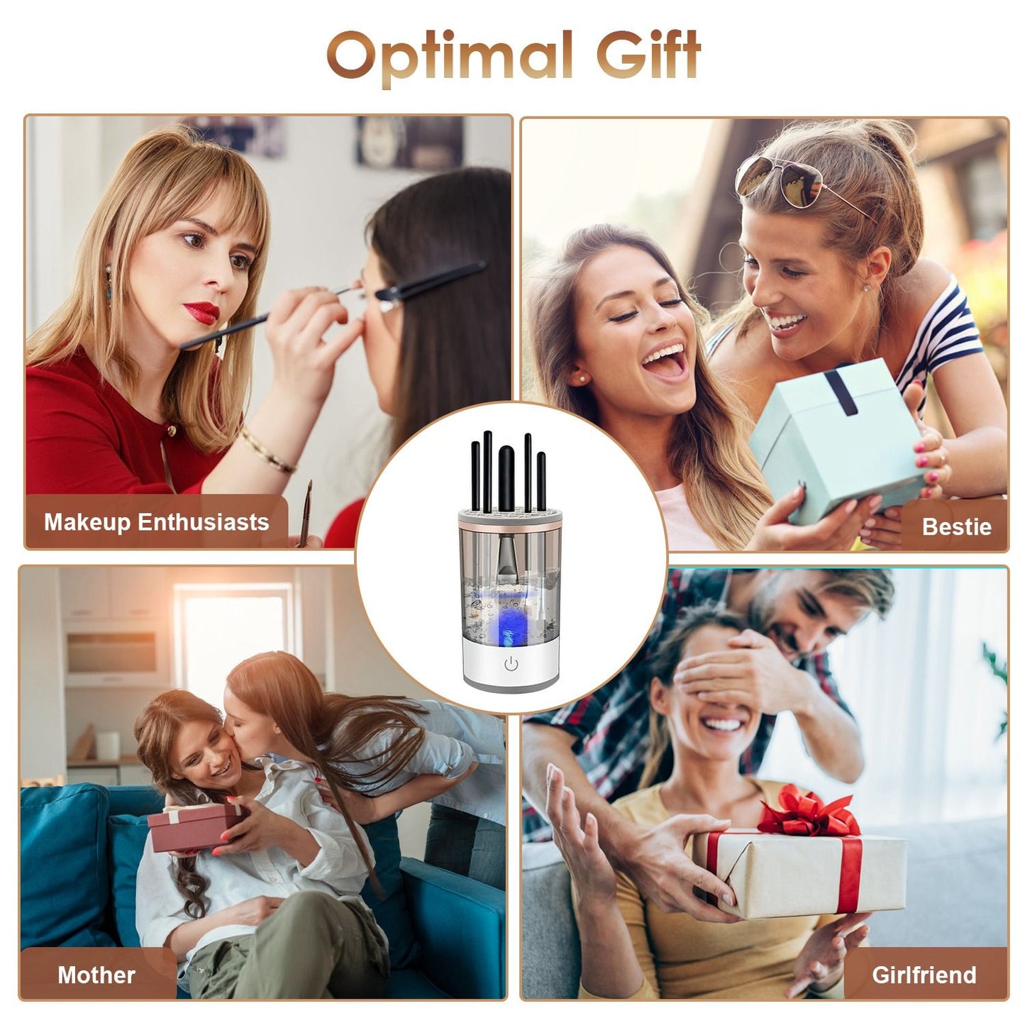 Product image featuring a makeup brush cleaning device surrounded by happy women sharing gifts; ideal for makeup enthusiasts, friends, mothers, and girlfriends.