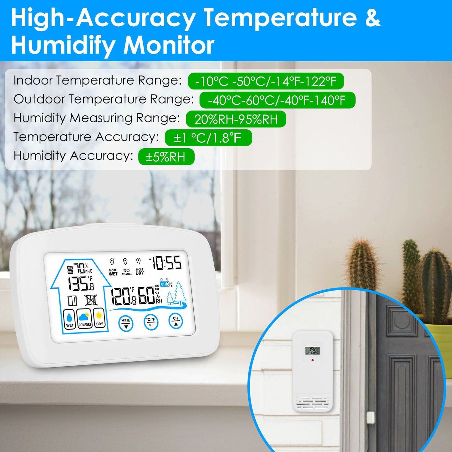 High-accuracy indoor and outdoor temperature and humidity monitor displaying current conditions and measurement ranges on a digital screen, set against a window with a view of cacti outside.