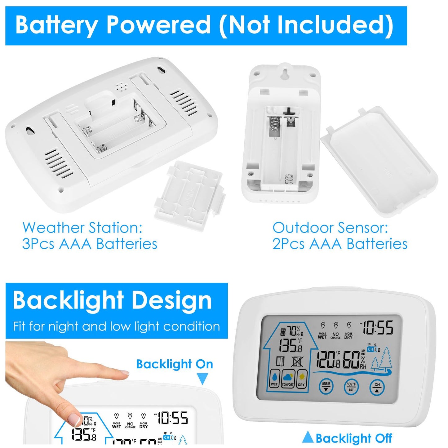 Image showing the battery compartments for a weather station and outdoor sensor, highlighting that the weather station requires 3 AAA batteries and the sensor needs 2 AAA batteries, with a backlight feature suitable for low light conditions.