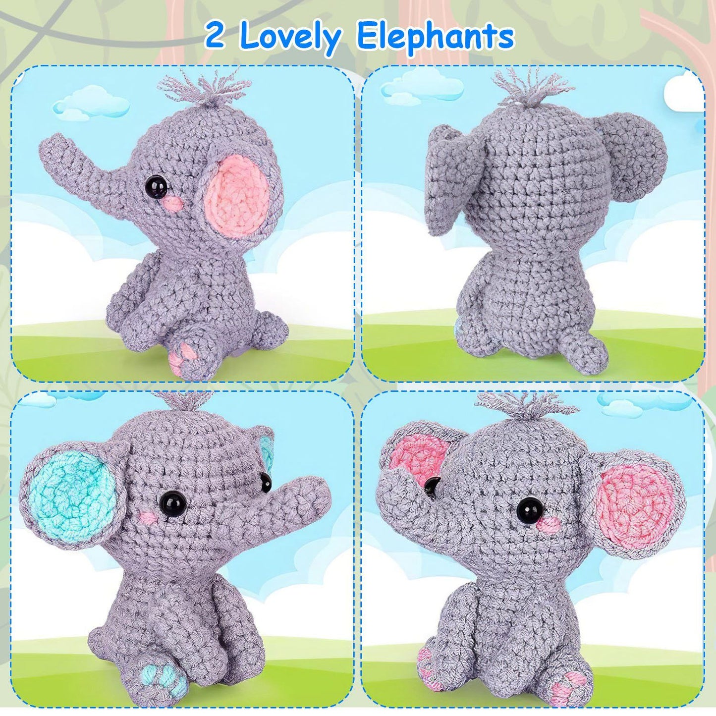 Adorable crocheted gray elephant plush toys with pastel pink accents, showcasing their charming features from multiple angles against a playful blue and green background.