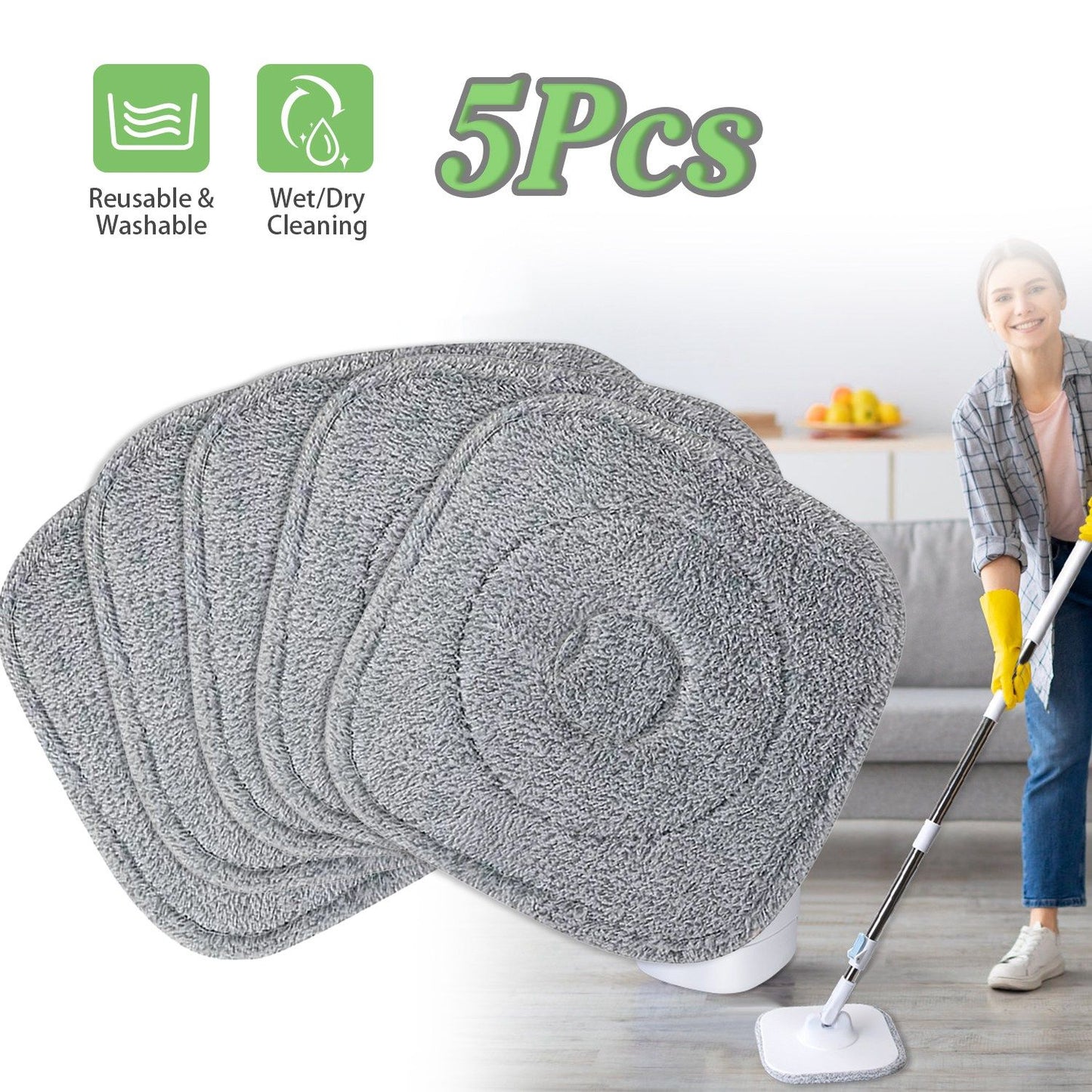 Set of 5 reusable and washable gray cleaning pads for wet or dry cleaning, demonstrated by a person mopping a floor.