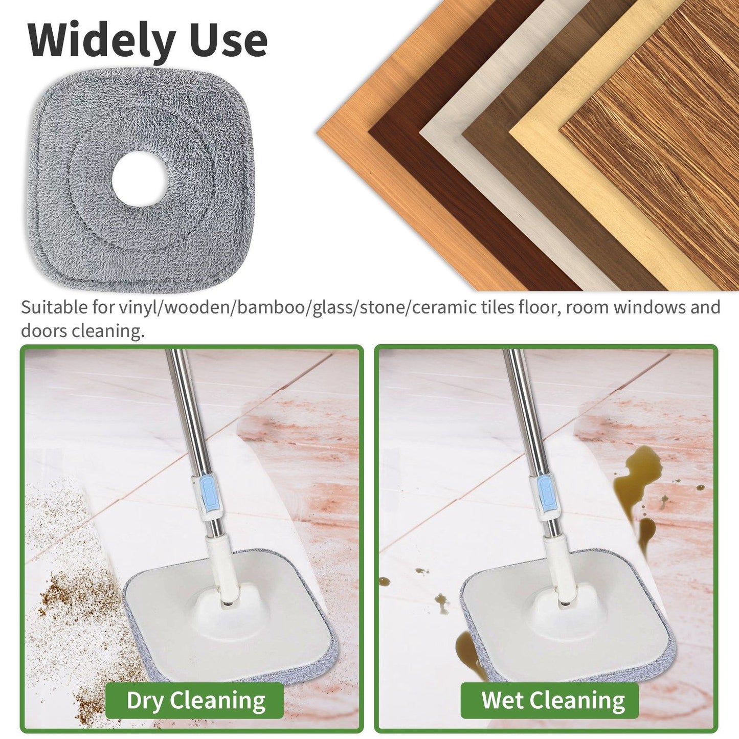 Versatile cleaning pad suitable for various surfaces including vinyl, wood, bamboo, glass, stone, and ceramic tiles, with images demonstrating dry and wet cleaning applications.