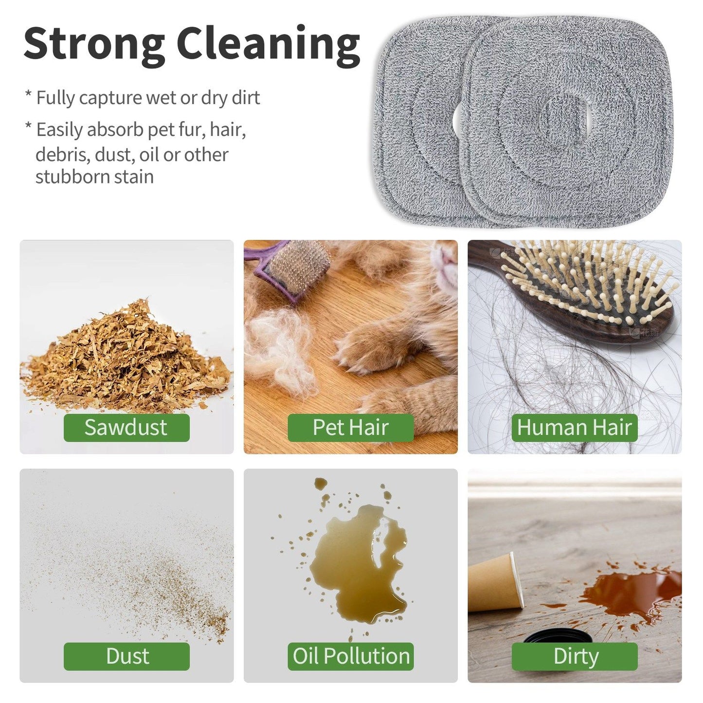 Two gray cleaning pads designed for strong dirt removal, effectively capturing pet hair, dust, and stubborn stains, with images of sawdust, pet hair, human hair, dust, oil pollution, and dirt showcased around the pads.