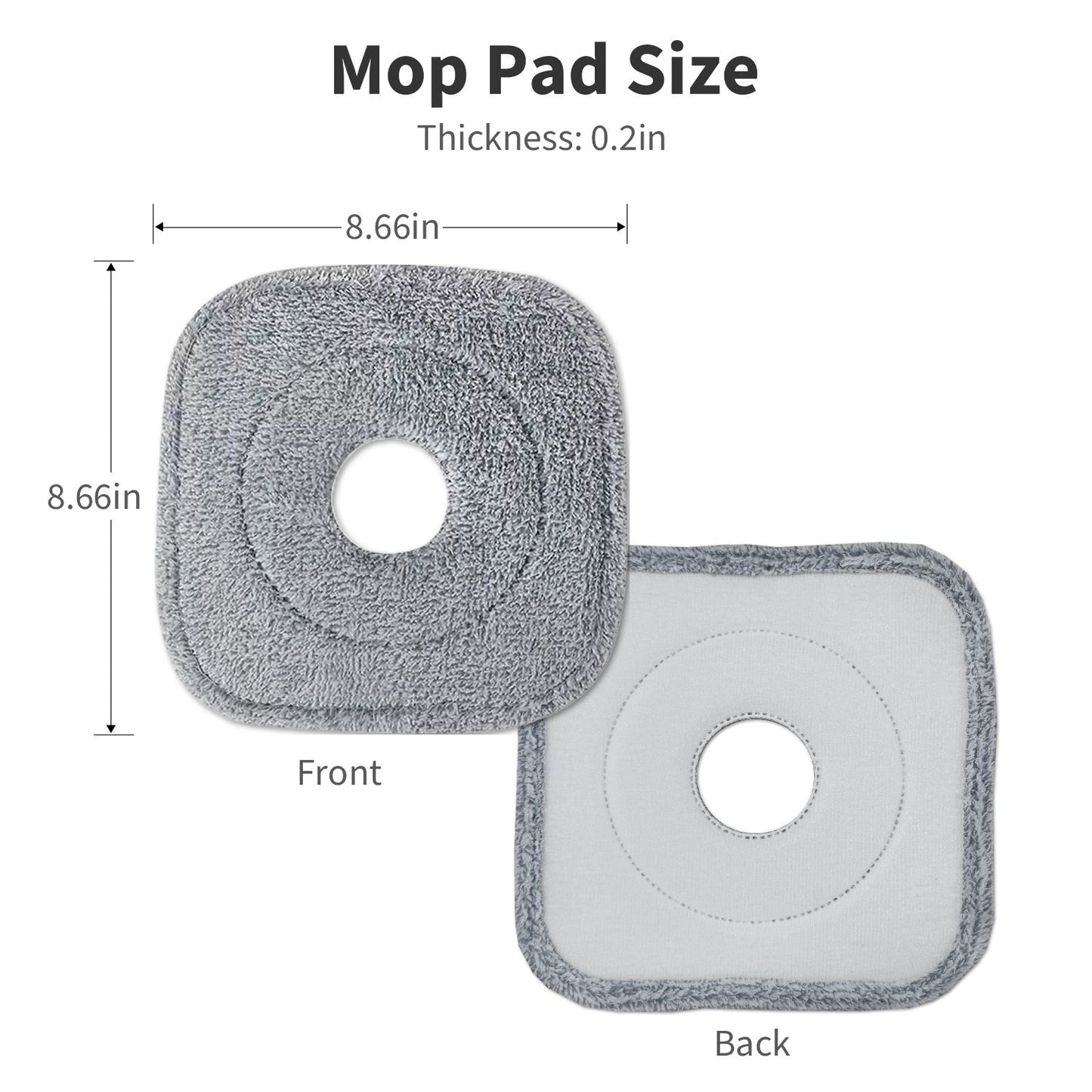 Gray microfiber mop pad showing front and back sides, with dimensions of 8.66 inches by 8.66 inches and a thickness of 0.2 inches.