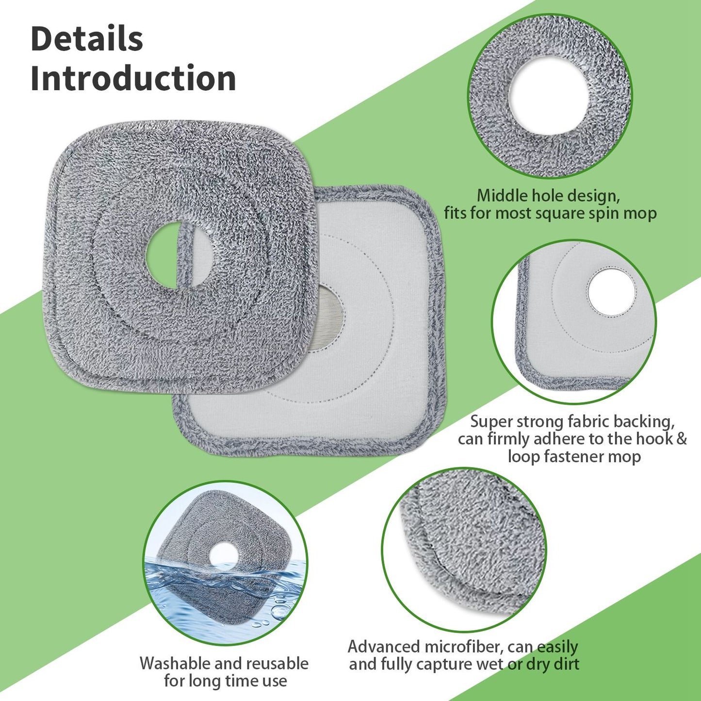 Gray microfiber mop pads with a central hole, designed for most square spin mops, showcasing their reusable, washable materials, strong fabric backing, and ability to capture wet and dry dirt effectively.