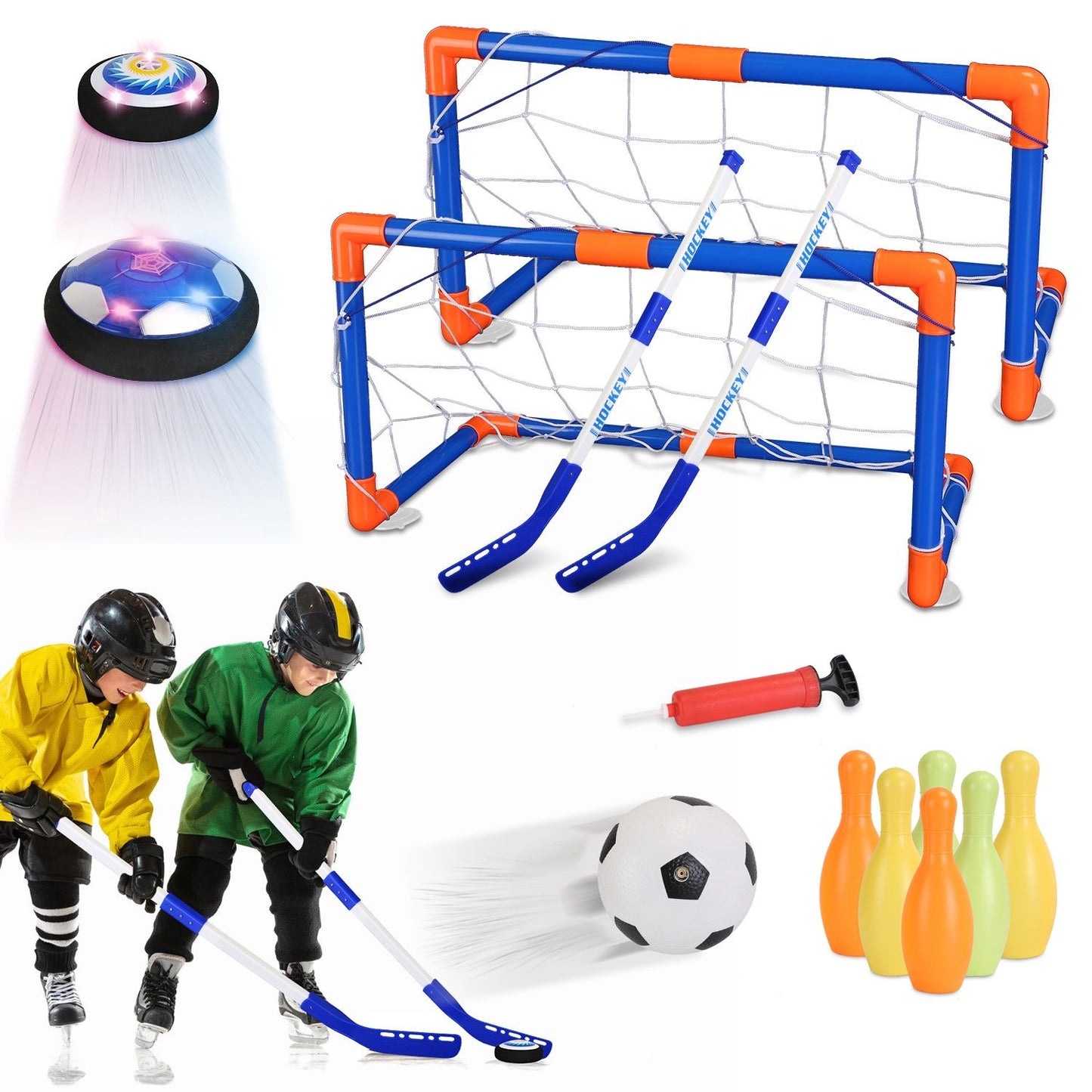 Colorful hockey and soccer playset featuring two mini goals, two hockey sticks, a soccer ball, a pump, and bowling pins, ideal for outdoor play and sports activities for kids.