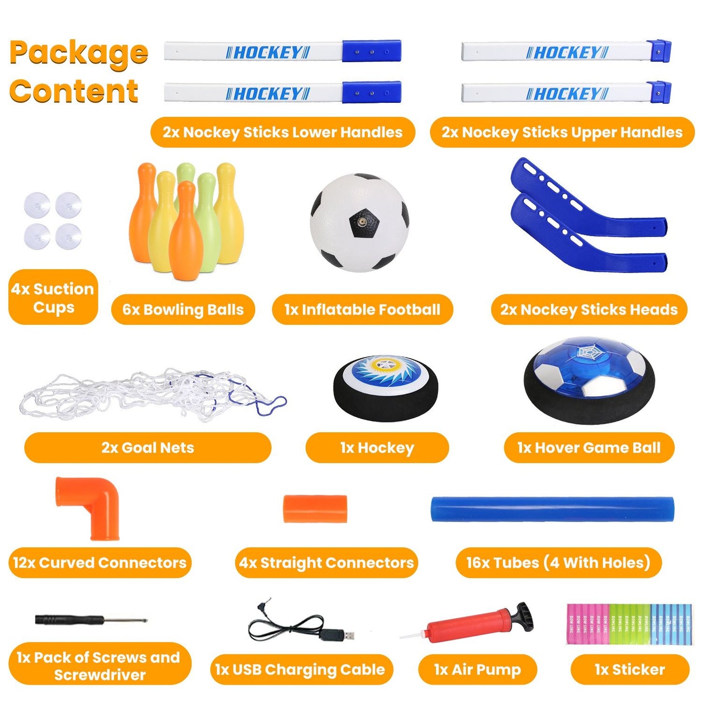 Colorful game set package contents including hockey sticks, inflatable football, bowling balls, hockey net, game balls, and various connectors and accessories.