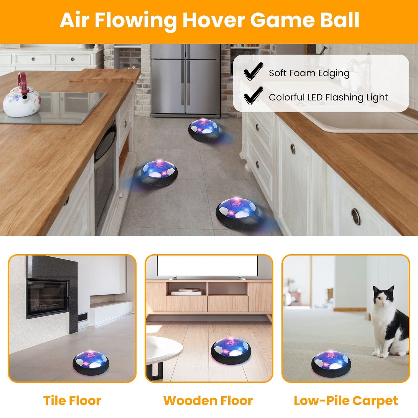 Air flowing hover game ball displayed on various floor types, showcasing soft foam edging and colorful LED lights, perfect for indoor play.
