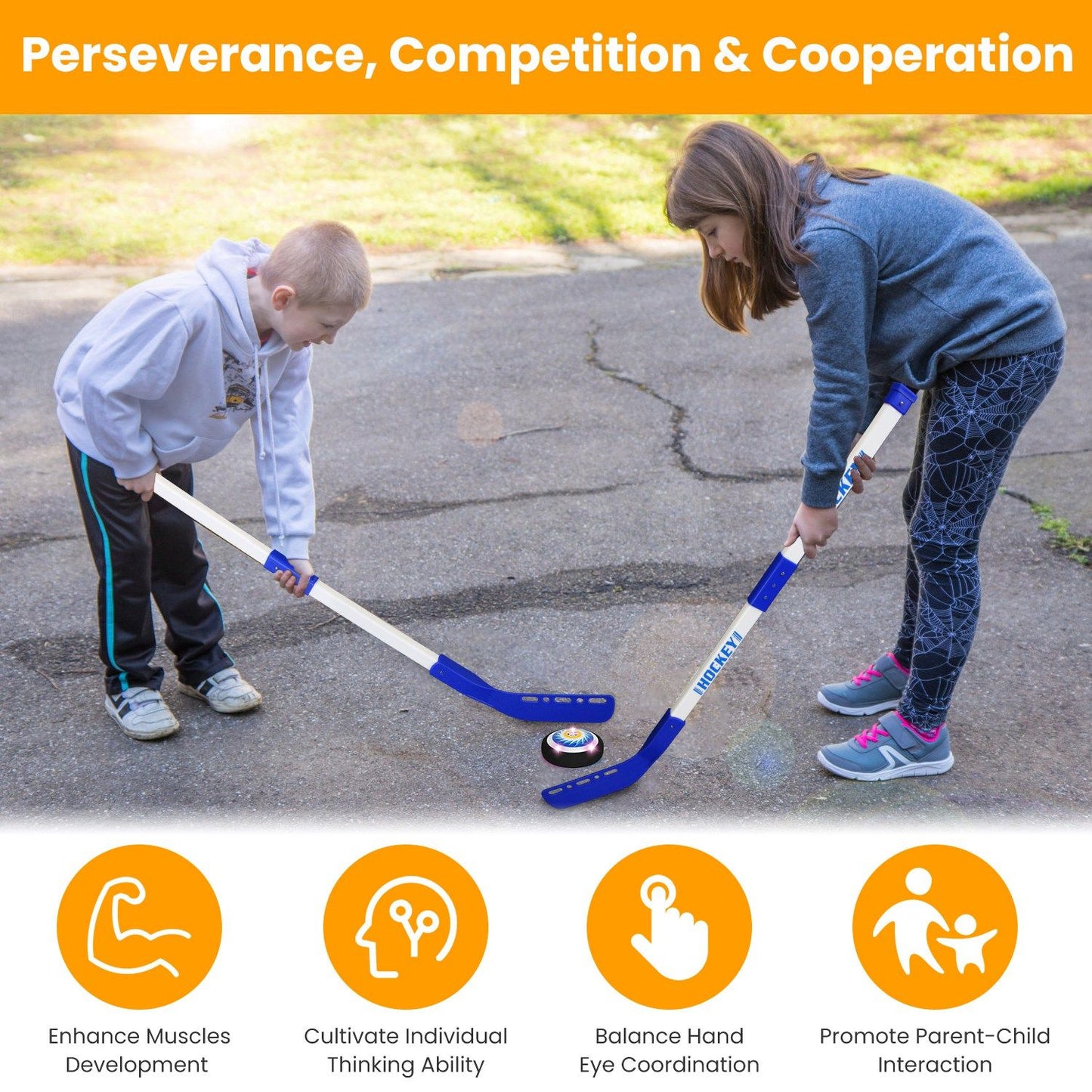 Children playing with hockey sticks on a sidewalk, promoting physical activity and teamwork, with icons highlighting benefits like muscle development and hand-eye coordination.
