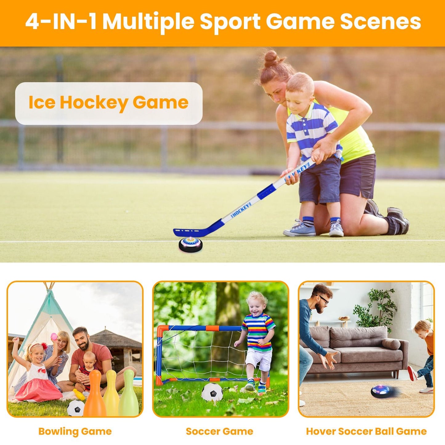4-in-1 multiple sport game set featuring a child learning ice hockey with a parent, alongside visuals of bowling, soccer, and hover soccer ball games.