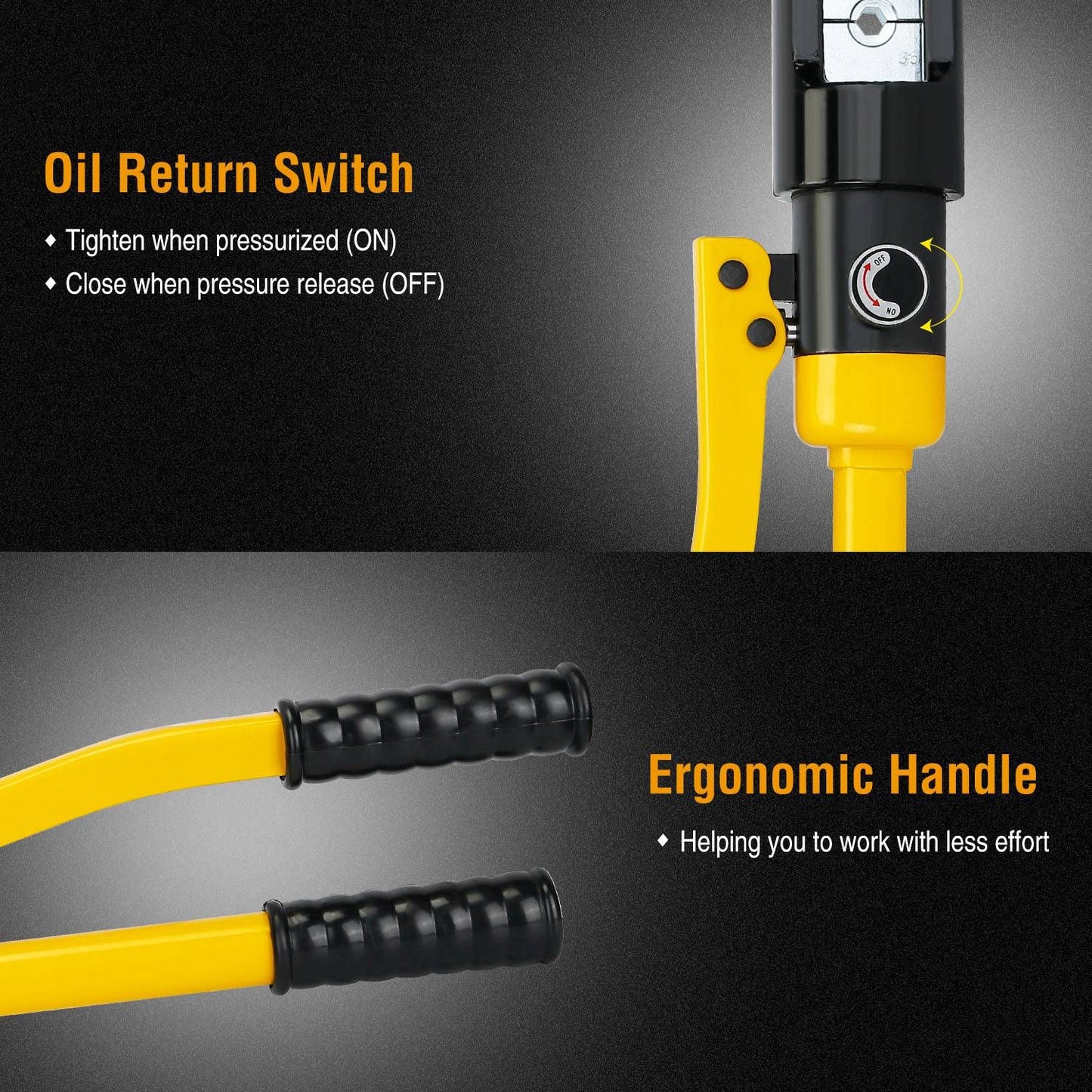 Close-up view of a hydraulic tool featuring an oil return switch and ergonomic handle, highlighting ease of use and pressure control.