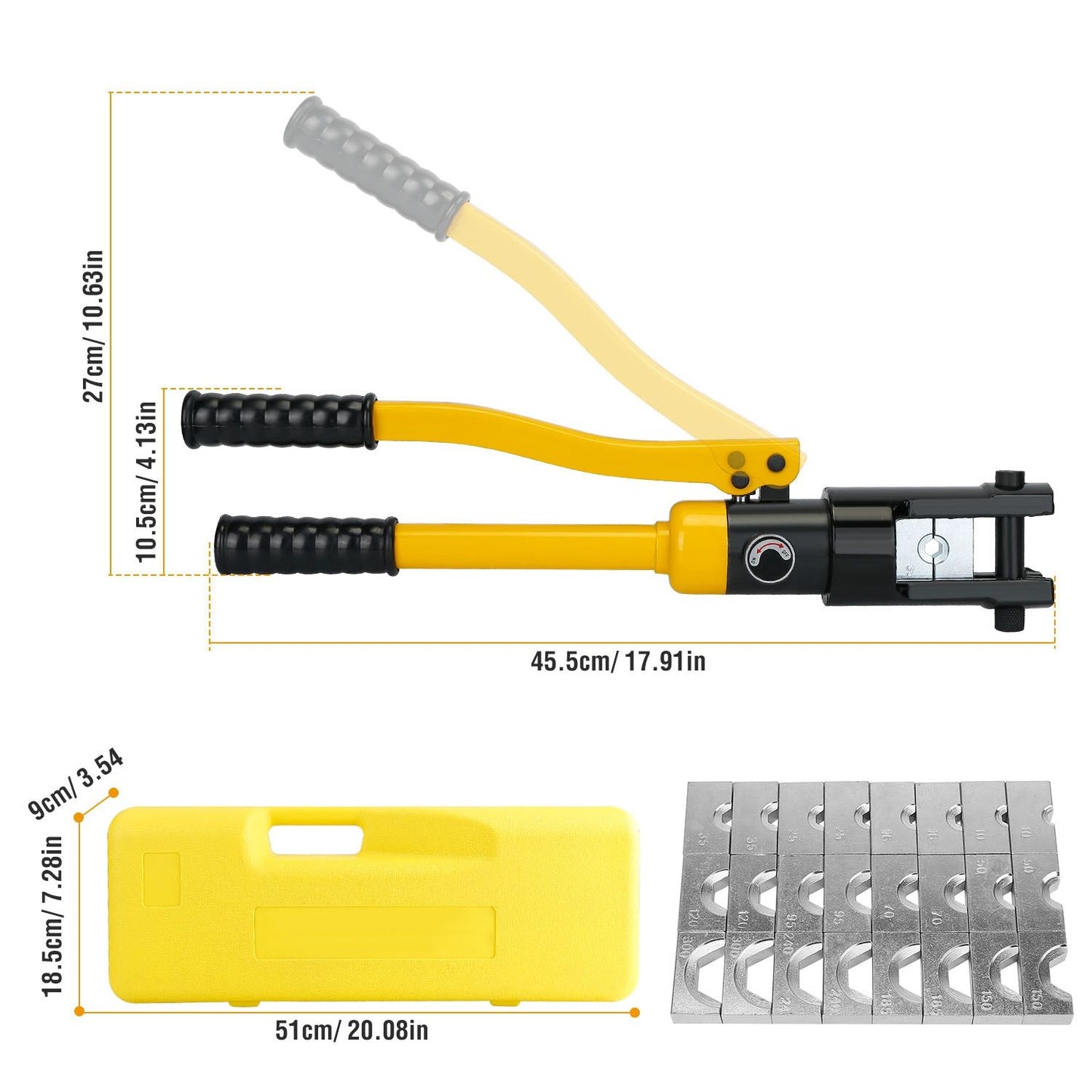Heavy-duty wire crimping tool with ergonomic grips and storage case, dimensions 45.5cm x 27cm, includes metal crimping dies.
