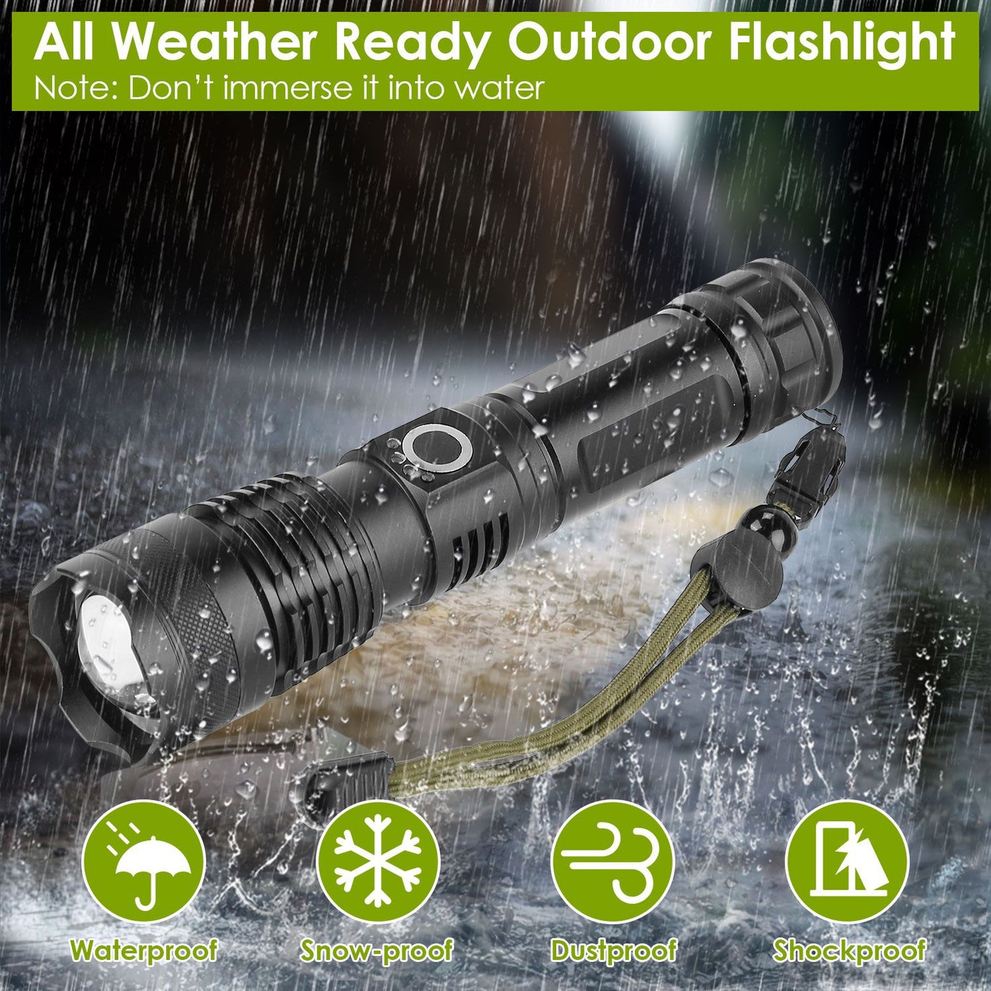All-weather outdoor flashlight showcasing its waterproof, snow-proof, dustproof, and shockproof features, displayed in a rainy environment.