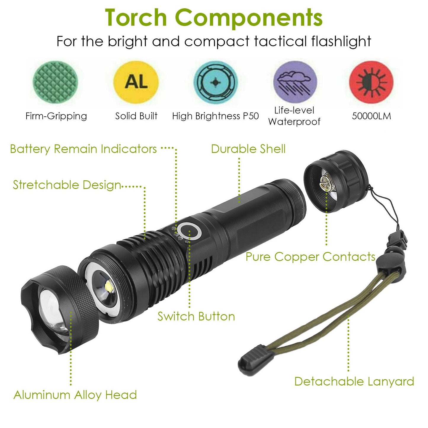 Compact tactical flashlight with aluminum alloy head, high brightness P50 LED, durable shell, stretchable design, and detachable lanyard, featuring battery indicators and pure copper contacts.