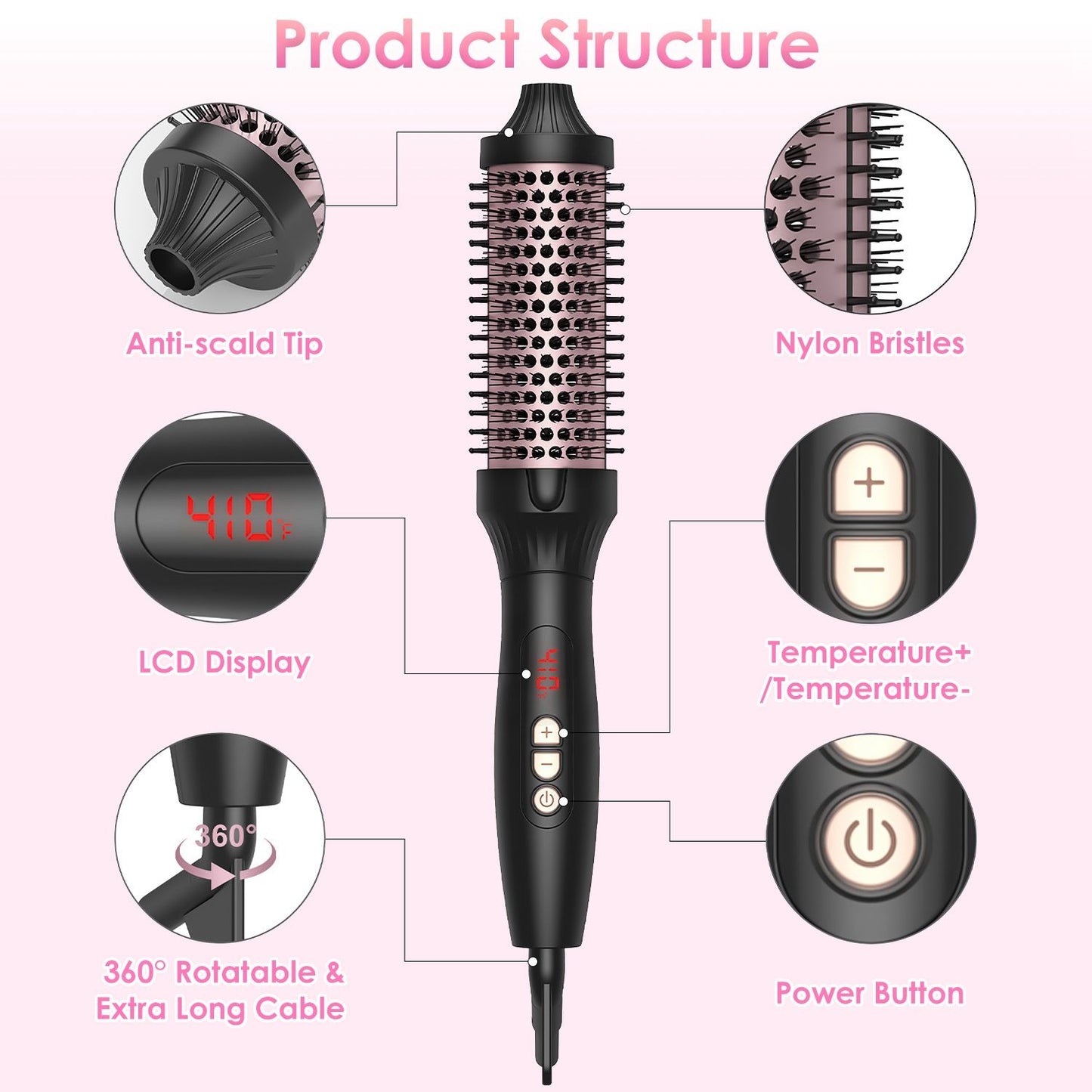 Electric hair brush with anti-scald tip, nylon bristles, LCD display, adjustable temperature controls, and a 360° rotatable cable for effortless styling.