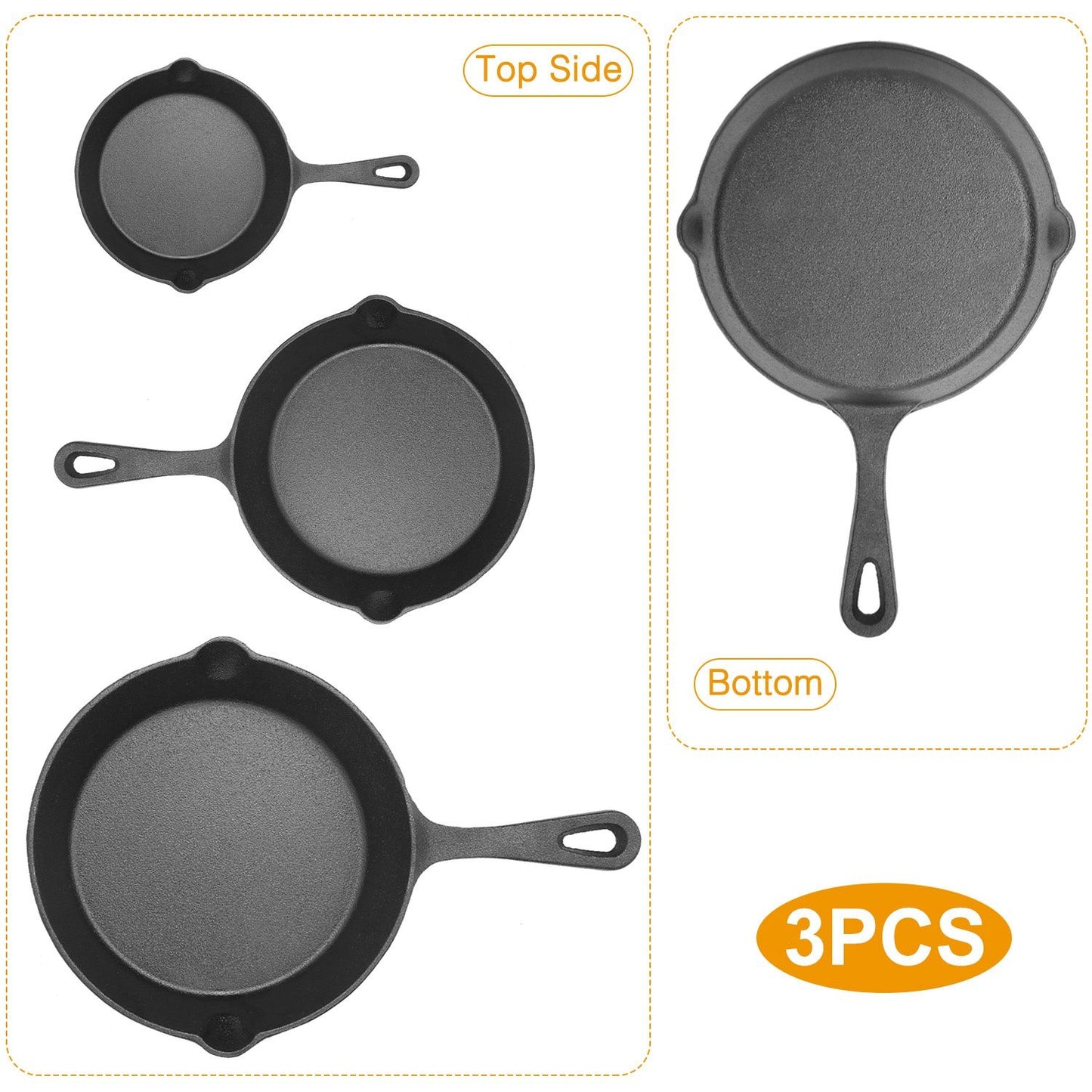 Set of three cast iron skillets with ergonomic handles, showing top and bottom views for versatile cooking options.