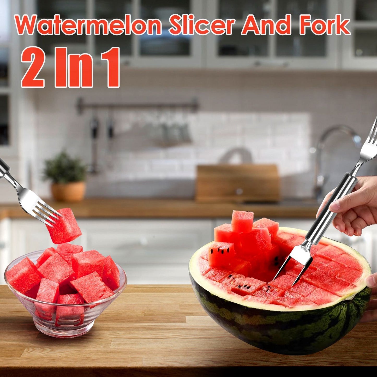 Watermelon slicer and fork tool in a kitchen setting, with a bowl of cubed watermelon and a halved watermelon, demonstrating its 2-in-1 functionality for easy serving.