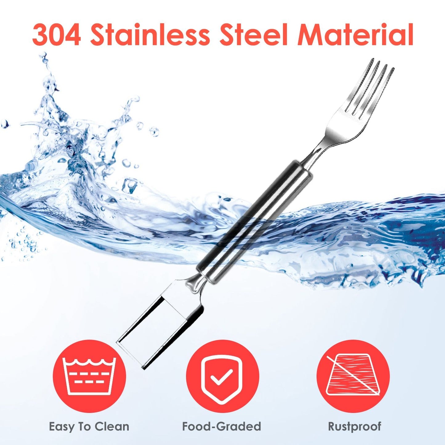 304 stainless steel fork with easy-to-clean design and food-grade, rustproof features, submerged in water for a fresh look.