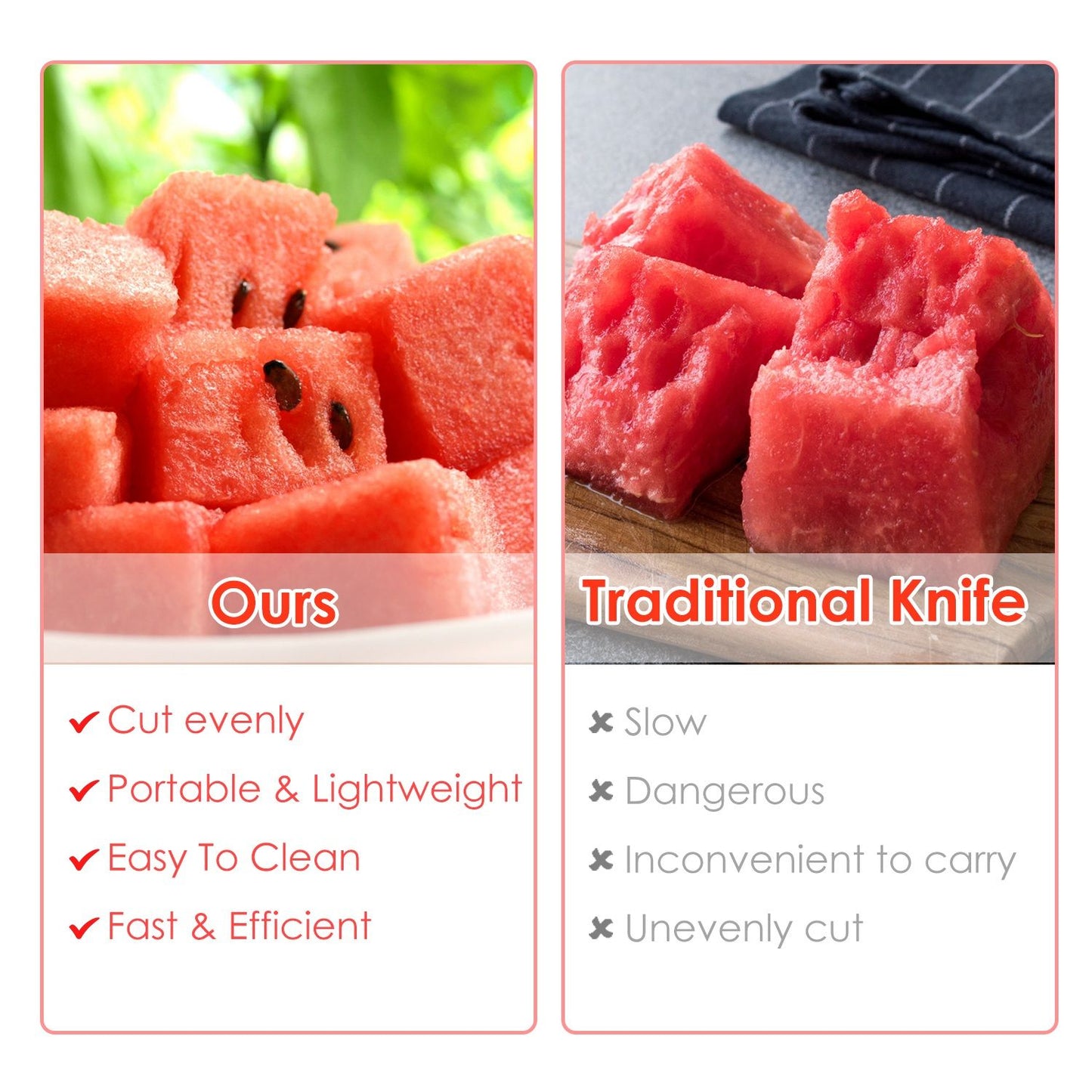Image comparing watermelon cubes cut using a specialized tool versus a traditional knife, highlighting benefits of the tool such as even cuts, portability, and ease of cleaning, against the drawbacks of using a knife like slow cutting and uneven pieces.