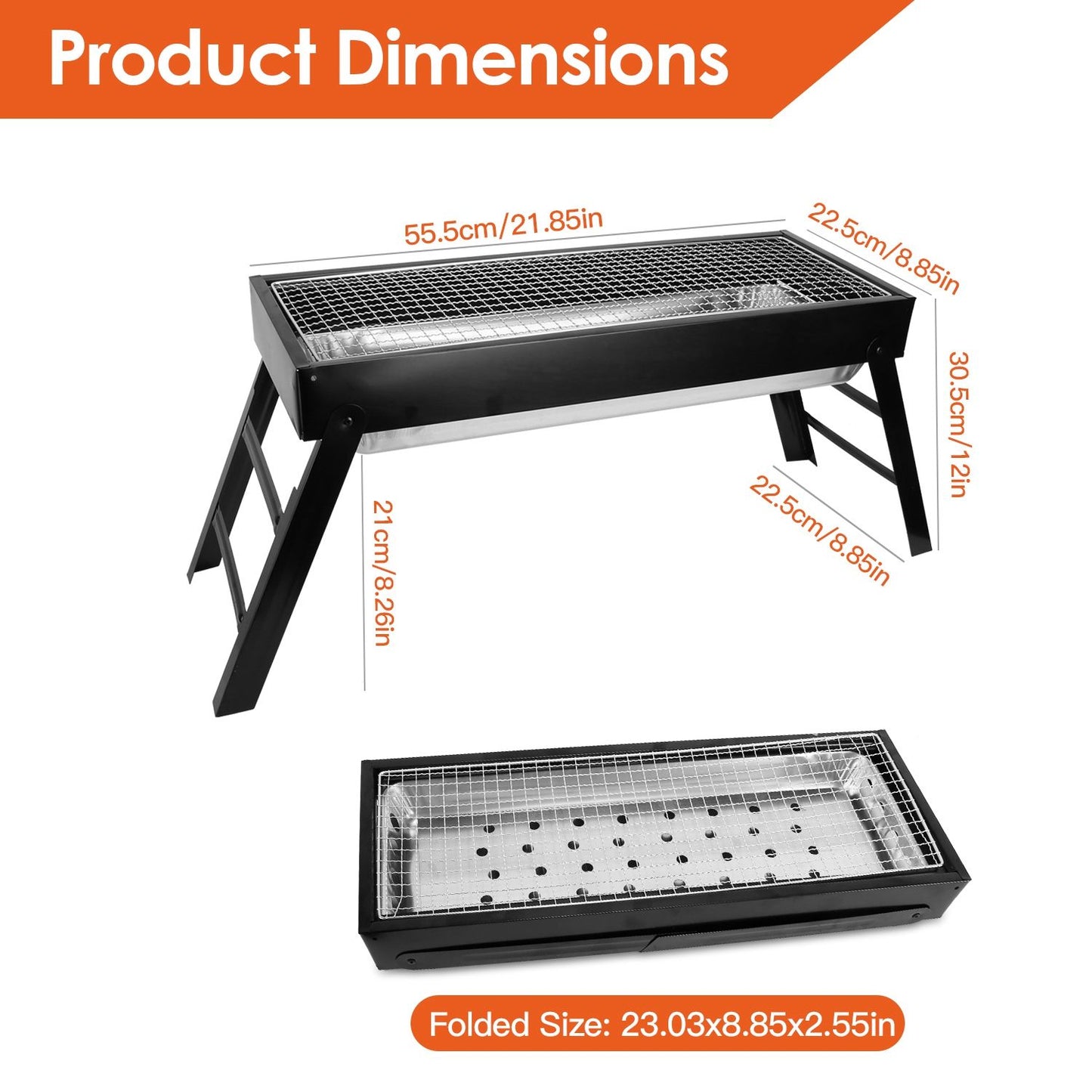 Product dimensions for a portable grill: 55.5 cm x 21 cm x 30.5 cm; folded size 23.03 cm x 8.85 cm x 2.55 cm, featuring a sturdy design and easy storage.
