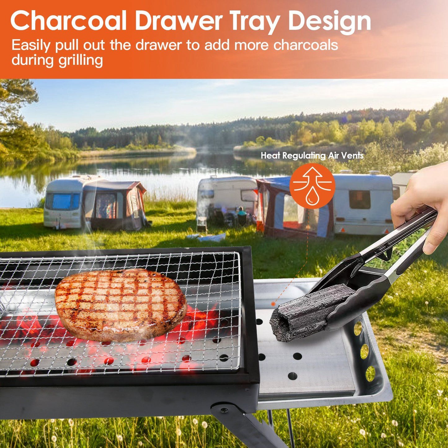 Charcoal grill with a drawer tray design for easy charcoal addition during grilling, featuring a sizzling burger patty and heat-regulating air vents, set in a scenic outdoor campsite by a lake.