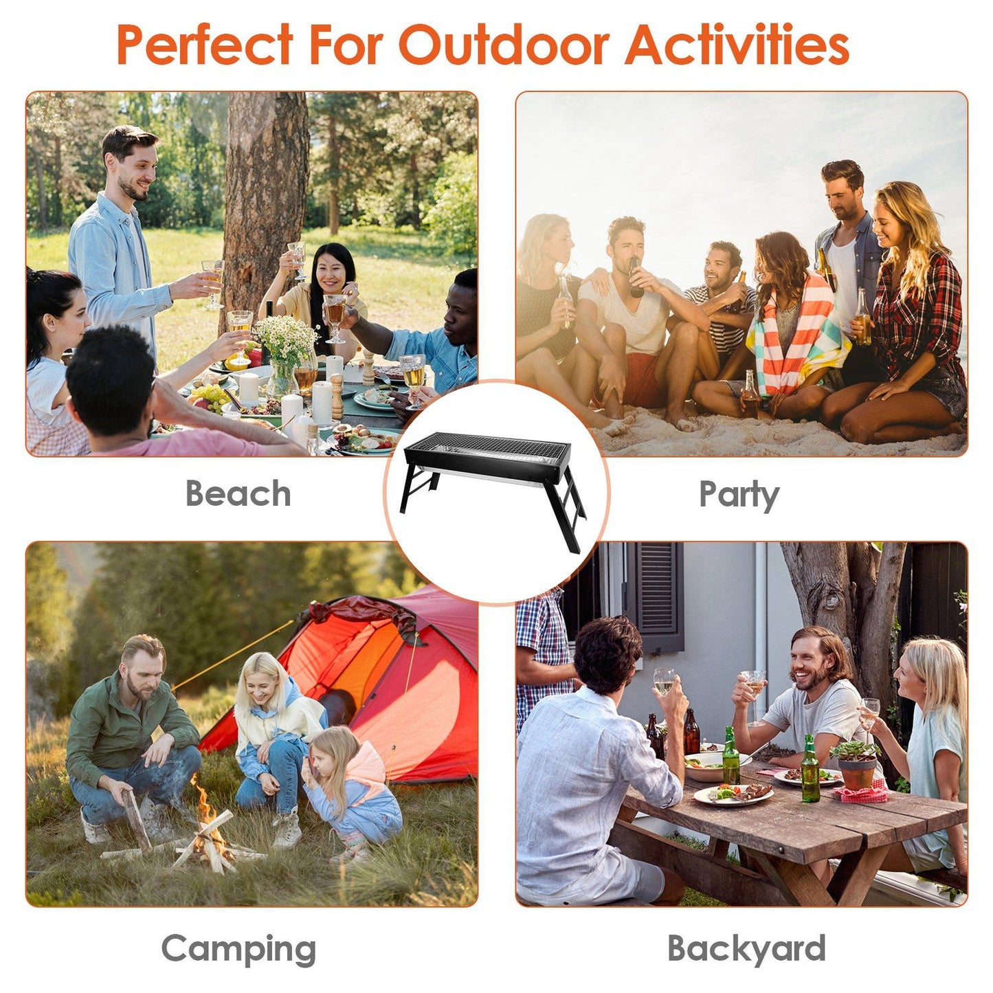 Outdoor portable grill showcased in a collage of activities including beach gatherings, parties, camping, and backyard events, highlighting its versatility for social occasions and cooking outdoors.