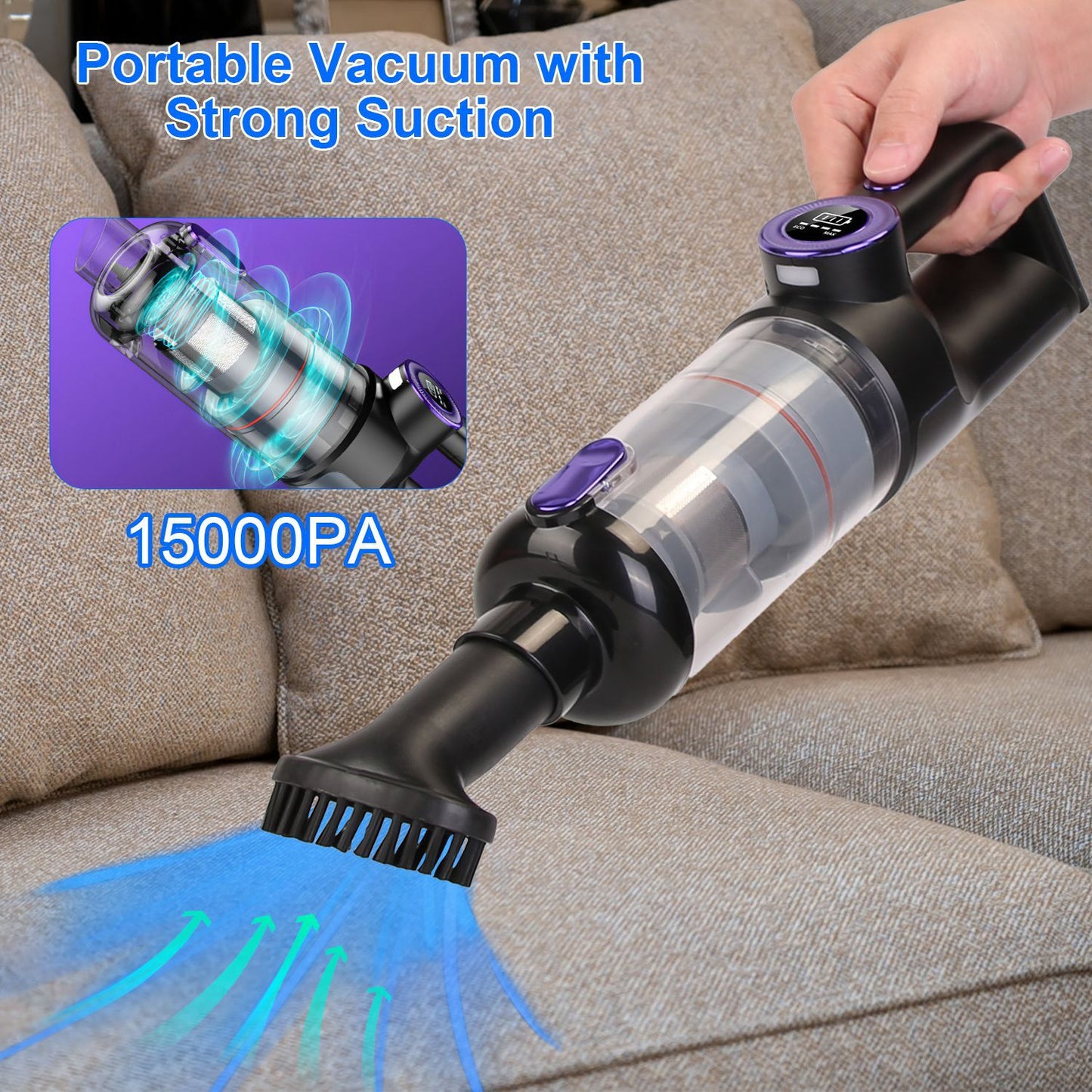 Portable vacuum cleaner demonstrating strong suction power of 15000PA, shown in use on a couch with a focus on its dust-cleaning capabilities.